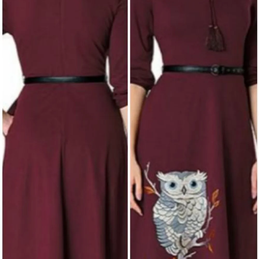 Eshakti Burgundy Embellished Cotton Knit Owl Dress W/ Pockets Size XL / 1X - Picture 2 of 12